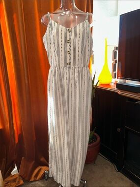 Liberty Love Cream and Navy Striped Button-Front Jumpsuit